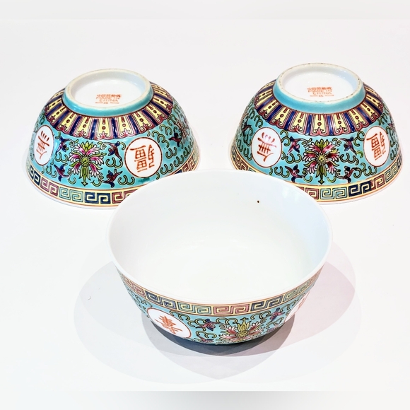 Vtg Turquoise Mun Shou Porcelain 4.5" Rice bowls. - Picture 5 of 7